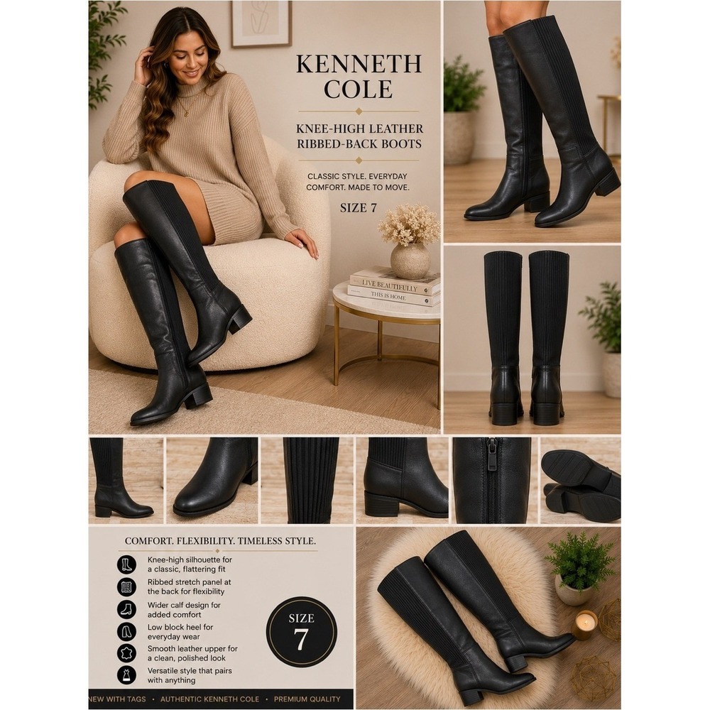 Kenneth Cole Black Knee-High Leather Ribbed-Back Boots 7 NEW